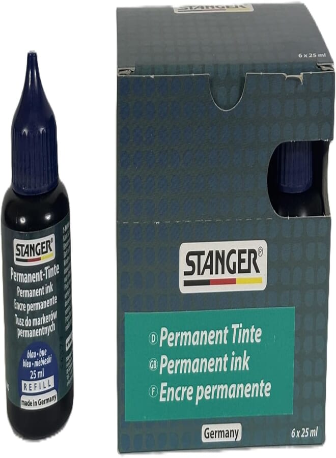 Stanger Permanent Ink 25ml – Box of 6 Bottles – Quick-Drying, Non-Toxic Ink for Use on Most Surfaces – Available in Black, Blue, Red, Green (Blue)